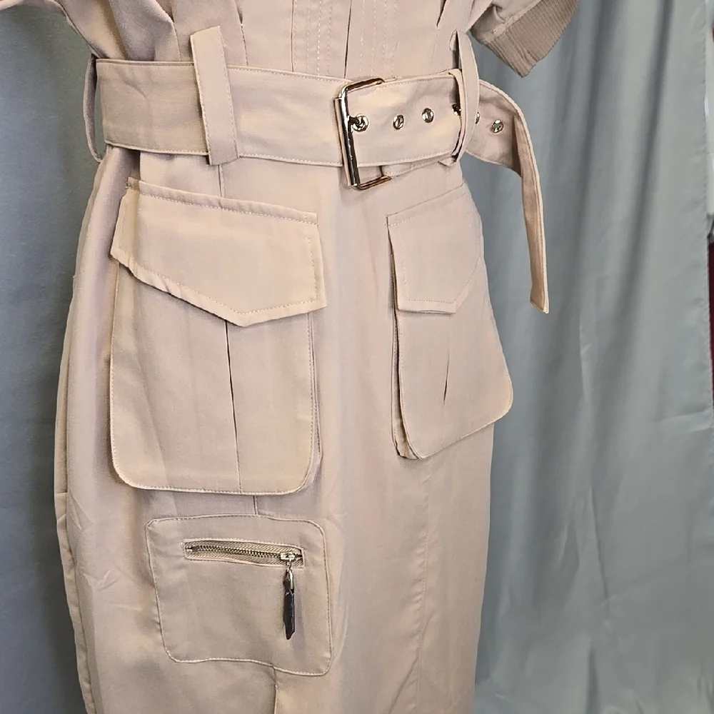 L'atiste Khaki Belted Dress with Pockets Utility or Safari Style Dress Size M - Picture 7 of 15